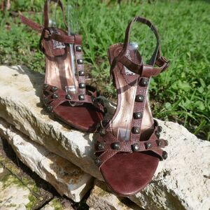Sergio Zelcer Shoes Spanish Leather High Heeled Strappy Studded Brown Sandals 8